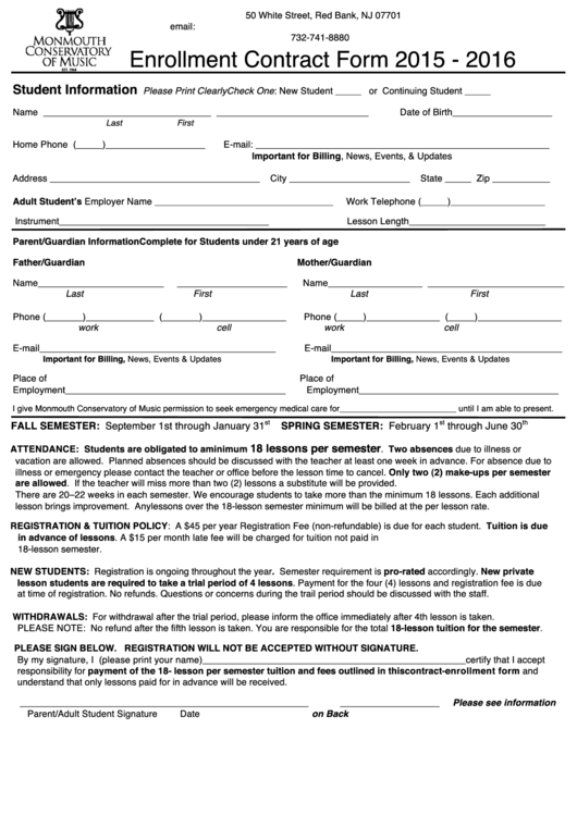 2015 Enrollment Form - Monmouth Conservatory Of Music Printable pdf
