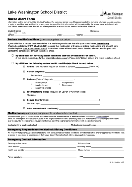 Nurse Alert Form - Lake Washington School District Printable pdf