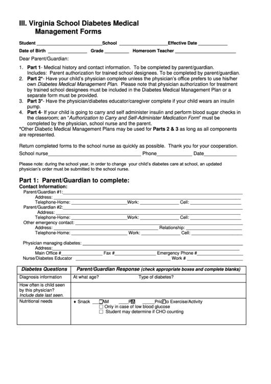 Virginia School Diabetes Medical Management Forms Printable pdf