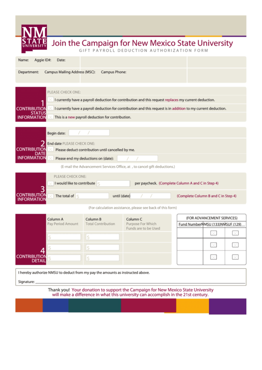 Fillable Payroll Deduction Gift - New Mexico State University Printable pdf