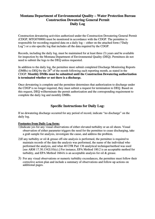 2015 Daily Log - Montana Department Of Environmental Quality Printable pdf