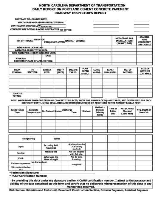 Form 253 - Daily Report Portland Cement Concrete Ncdot Printable pdf
