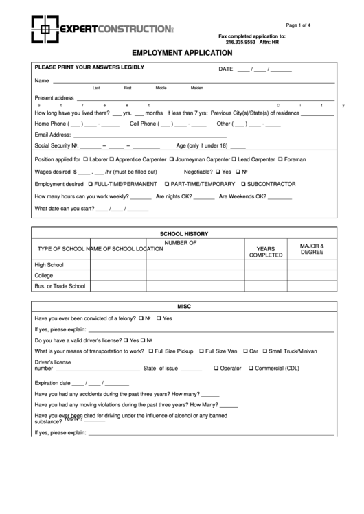 Employment Application - Expert Construction Inc. Home Page Printable pdf