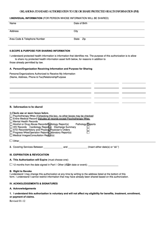 Fillable Oklahoma Standard Authorization To Use Or Share Protected Health Information (Phi) Form Printable pdf