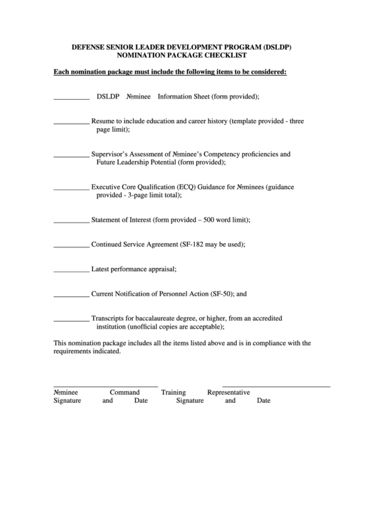 Fillable Defense Senior Leader Development Program (Dsldp) Nomination Package Checklist Printable pdf