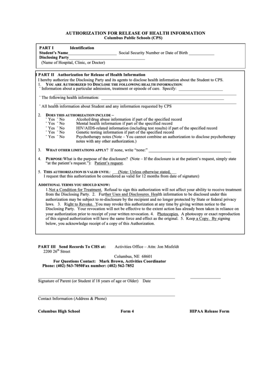Hipaa Release Form Columbus Public Schools Printable pdf