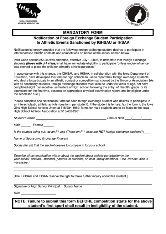 Notification Of Foreign Exchange Student Participation In Athletic Events Sanctioned By Ighsau Or Ihsaa Printable pdf