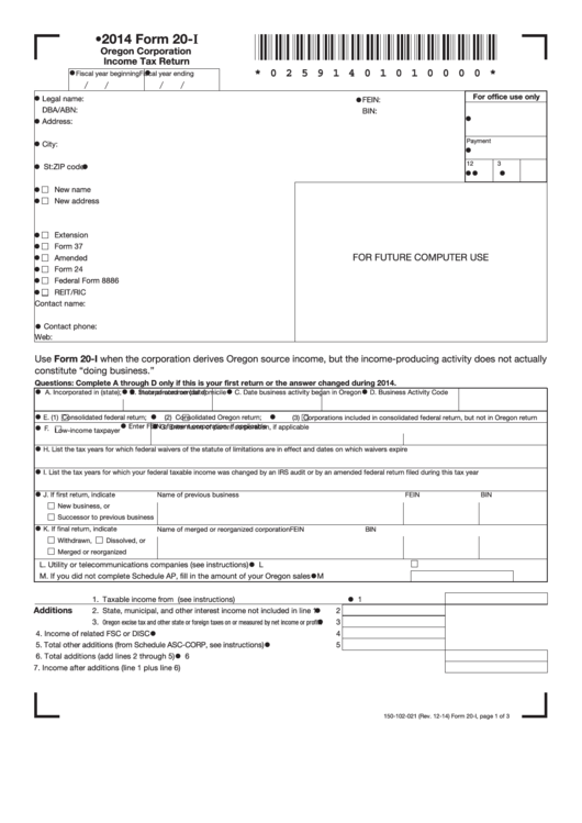 Fillable Form 20-I - Oregon Corporation Income Tax Return - 2014 Printable pdf