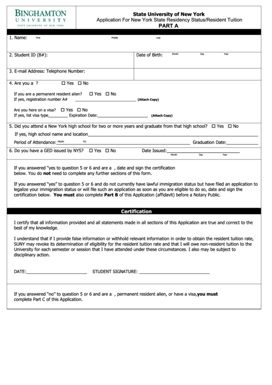 Binghamton University Status Application Form printable pdf download