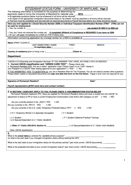 Fillable Citizenship Status Form - University Of Maryland Printable pdf