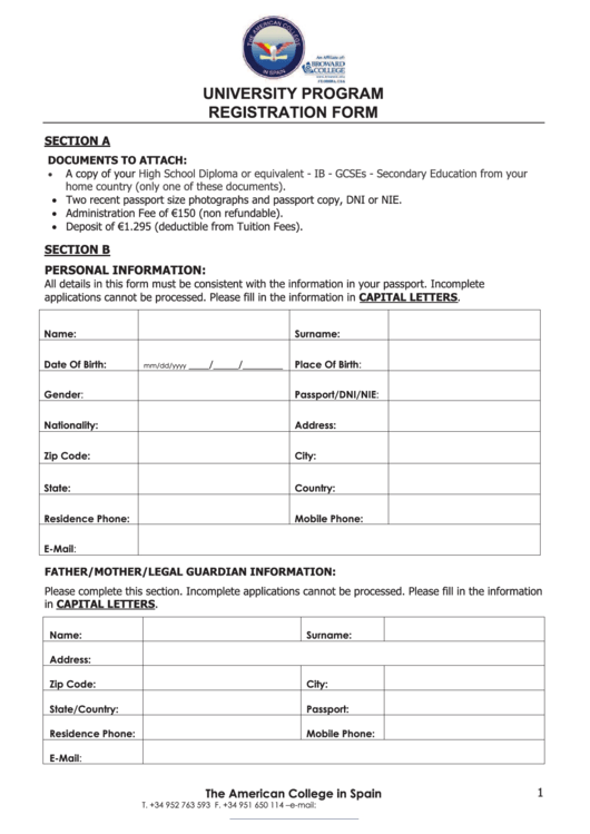 The American College In Spain University Program Registration Form Printable pdf