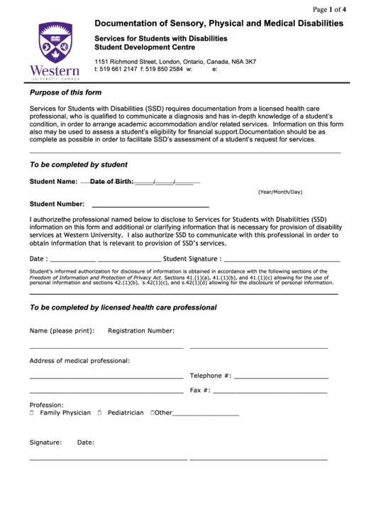Documentation Form Of Physical Disability - Student Development