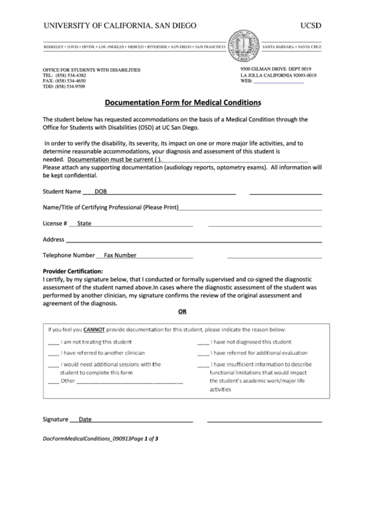 Documentation Form For Medical Conditions Printable pdf