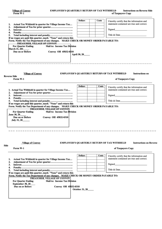 Employers Quarterly Return Of Tax Withheld - Village Of Convoy 