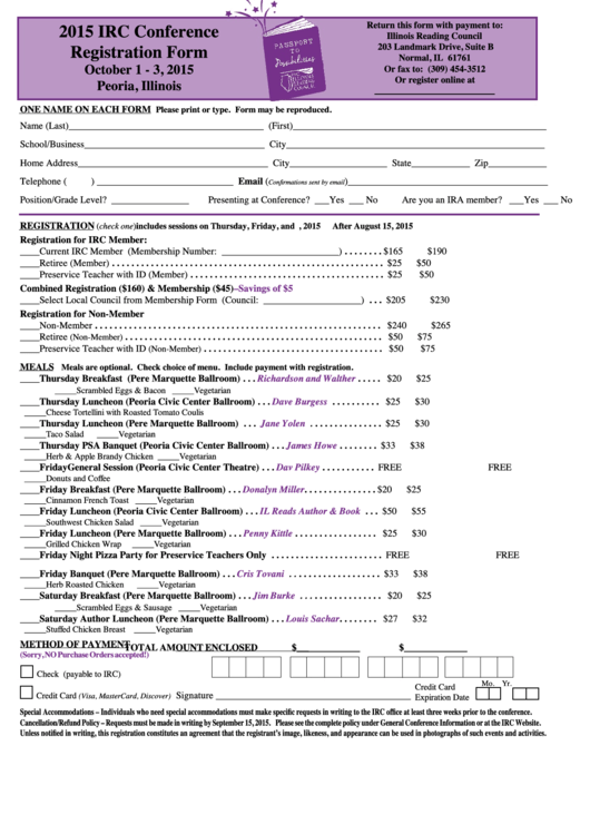 2015 Irc Conference Registration Form - Illinois Reading Council Printable pdf