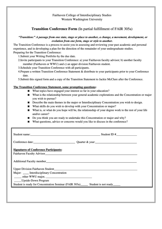 Transition Conference Form In Partial Fulfillment Of Fair 305a Printable pdf