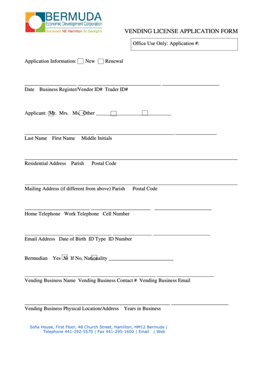 Vending License Application Form Printable pdf