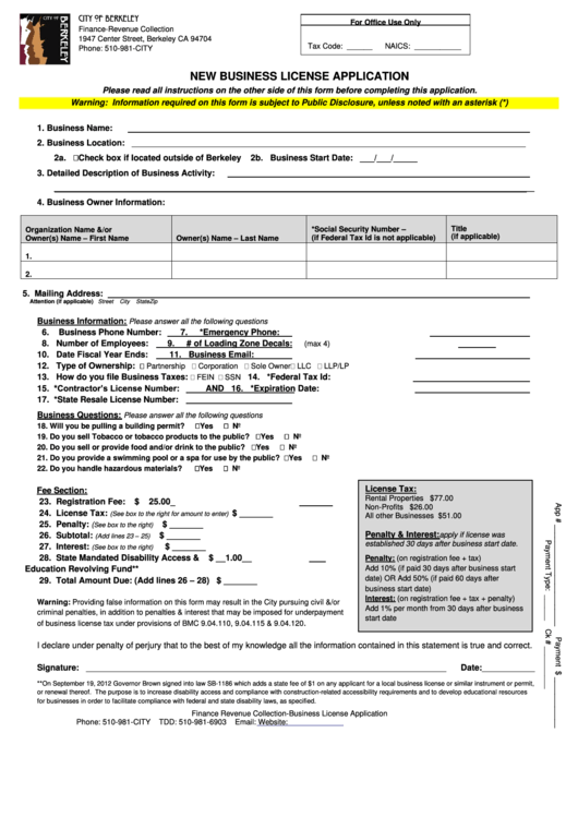New Business License Application - City Of Berkeley Printable pdf