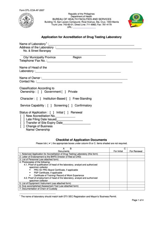 Form Dtl-Coa-Af-2007 - Application For Accreditation Of Drug Testing Laboratory Printable pdf