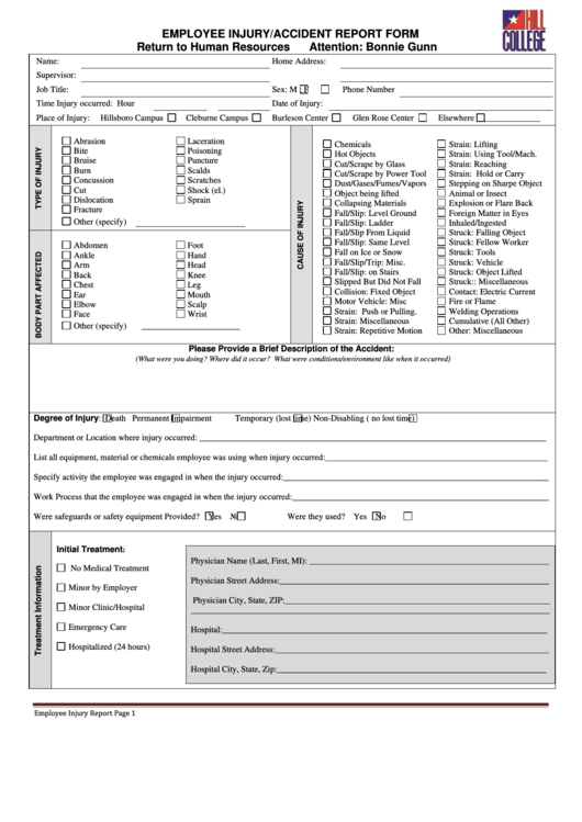 Employee Injury Accident Report Form Hill College
