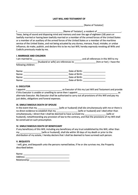 Last Will And Testament Form - Texas printable pdf download