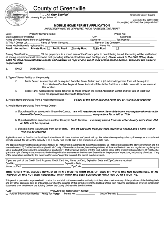 Mobile Home Permit Application Form Printable pdf