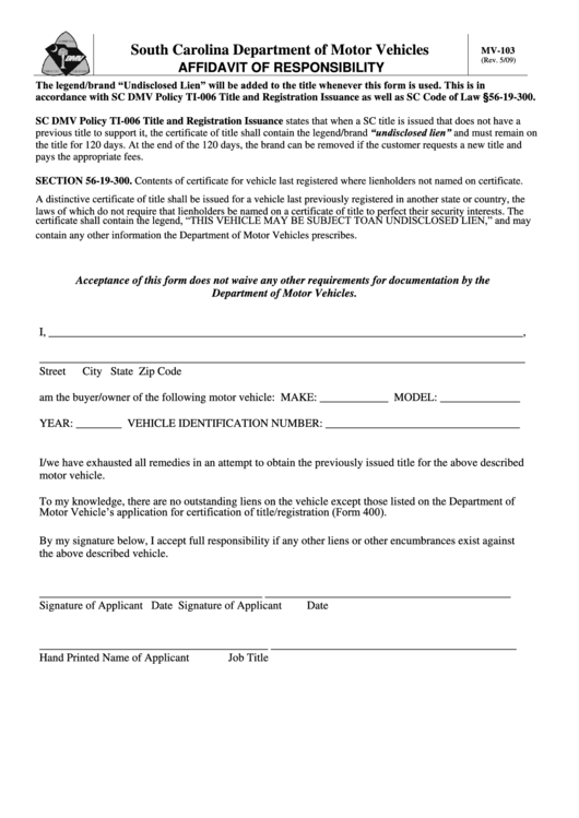 Form Mv-103 - Affidavit Of Responsibility Printable pdf