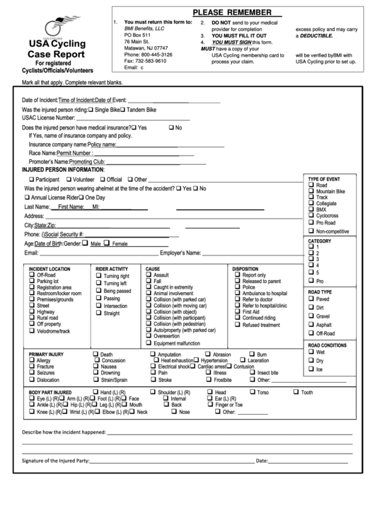 Accident Insurance Claim Form - Usa Cycling Case Report For Registered Cyclists/officials/volunteers Printable pdf