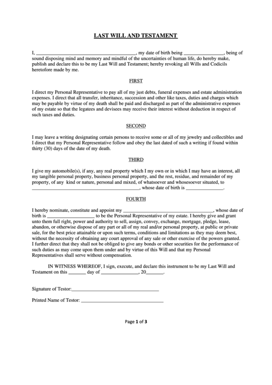 Last Will And Testament, Self-Proving Affidavit - The State Of Texas Printable pdf