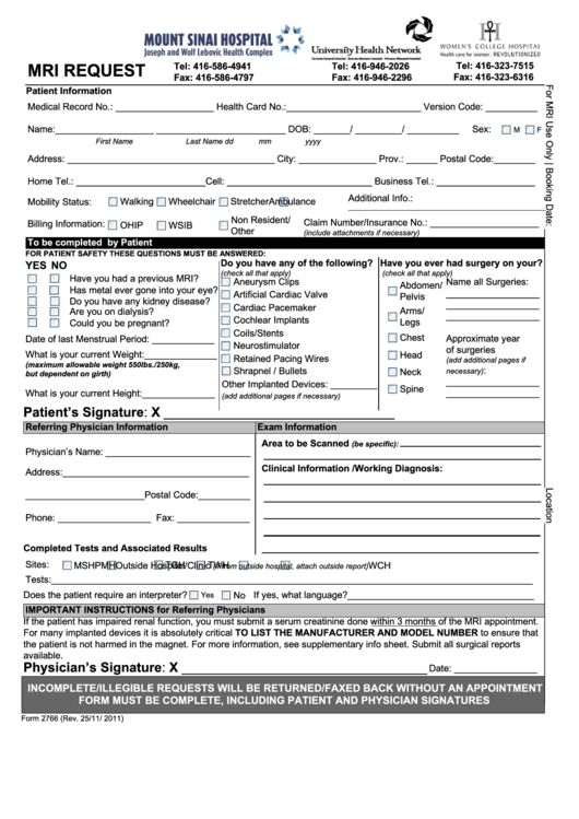 Fillable Mri Request Form - Mount Sinai Hospital Printable pdf