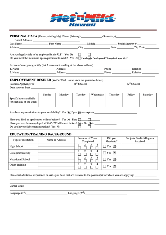 Wet-N-Wild Hawaii Employment Application Form Printable pdf