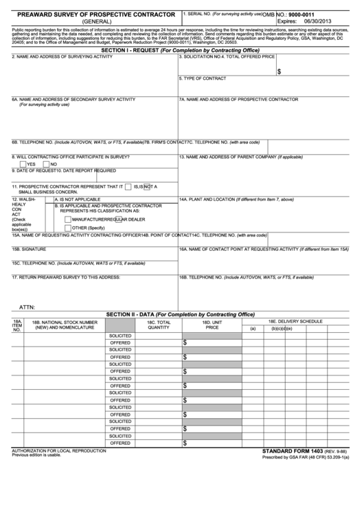 Fillable Standard Form 1403 - Preaward Survey Of Prospective Contractor (General) - 1988 Printable pdf