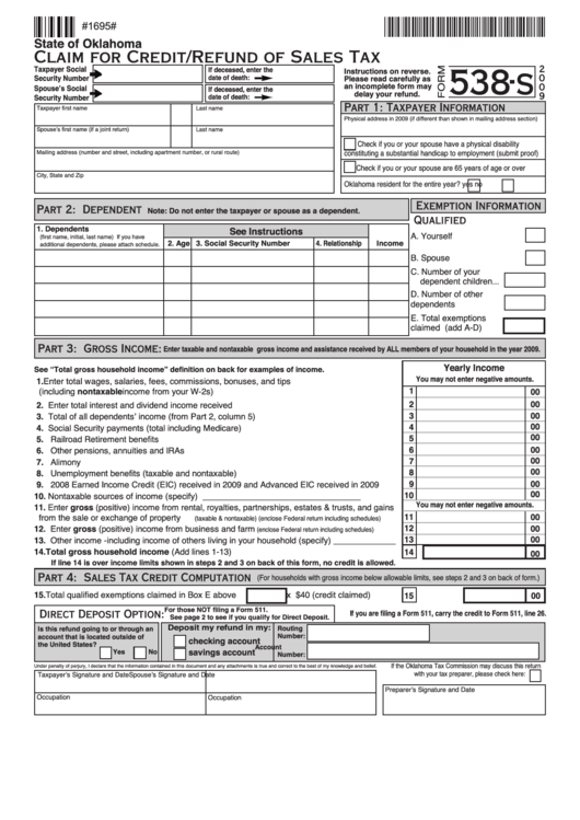 Fillable Form 538-S - Claim For Credit/refund Of Sales Tax - 2009 Printable pdf