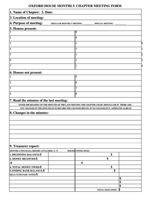Fillable Monthly Chapter Meeting Form Printable pdf