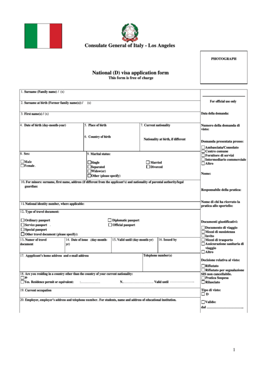 National (D) Visa Application Form - Consulate General Of Italy, Los Angeles, California, Usa Printable pdf