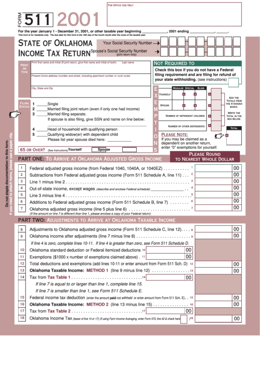 Form 511 - State Of Oklahoma Income Tax Return - 2001 Printable pdf