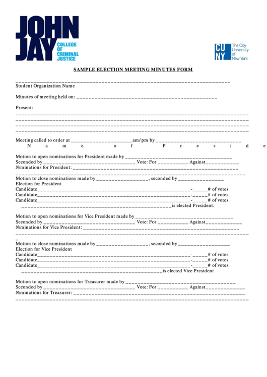 Sample Election Meeting Minutes Form Student Organization Printable pdf