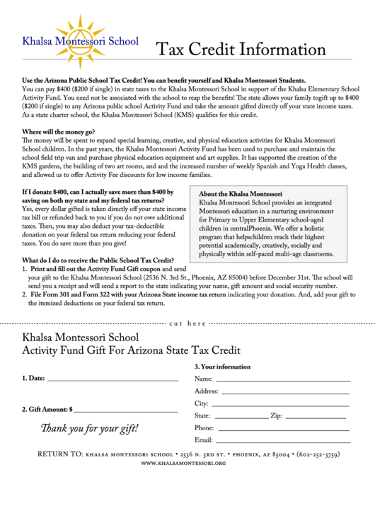 Khalsa Montessori School Activity Fund Gift For Arizona State Tax Credit Printable pdf