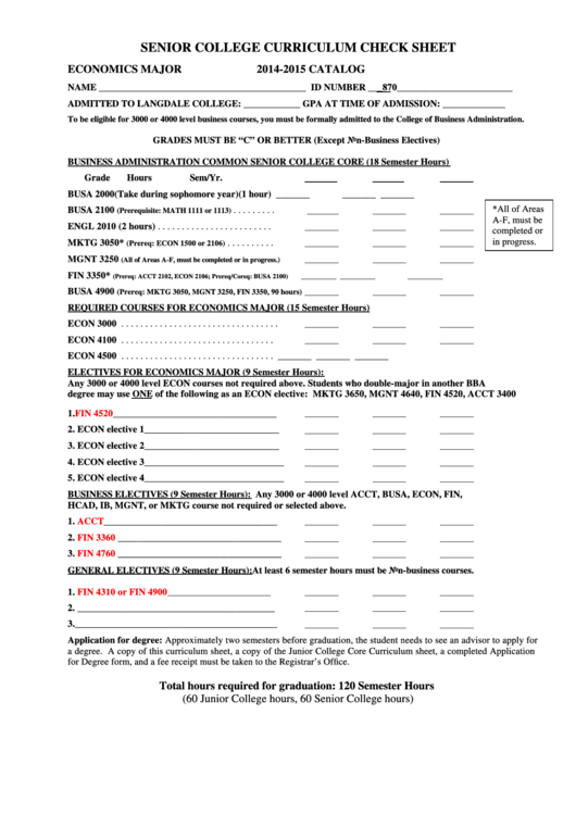 Senior College Curriculum Check Sheet Printable pdf