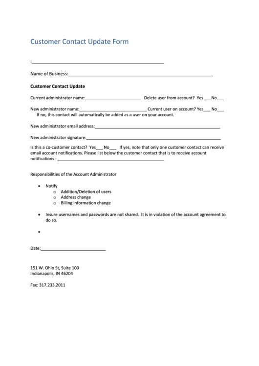 Customer Contact Update Form Printable pdf