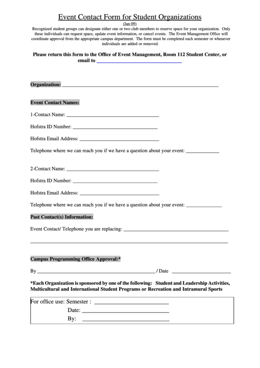 Event Contact Form For Student Organizations Printable pdf