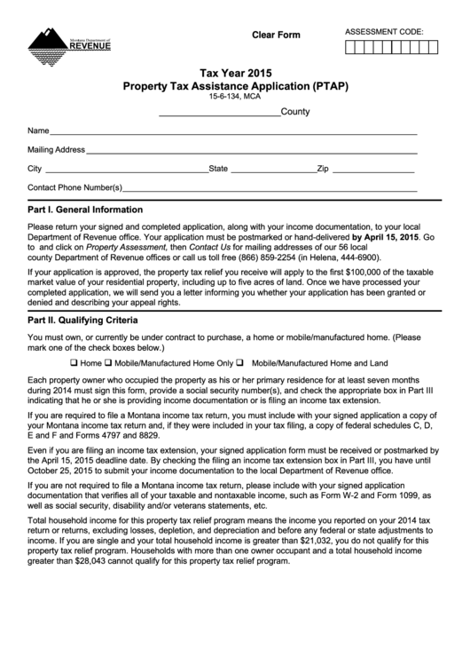 Fillable Tax Year 2015 Property Tax Assistance Application Form Printable pdf