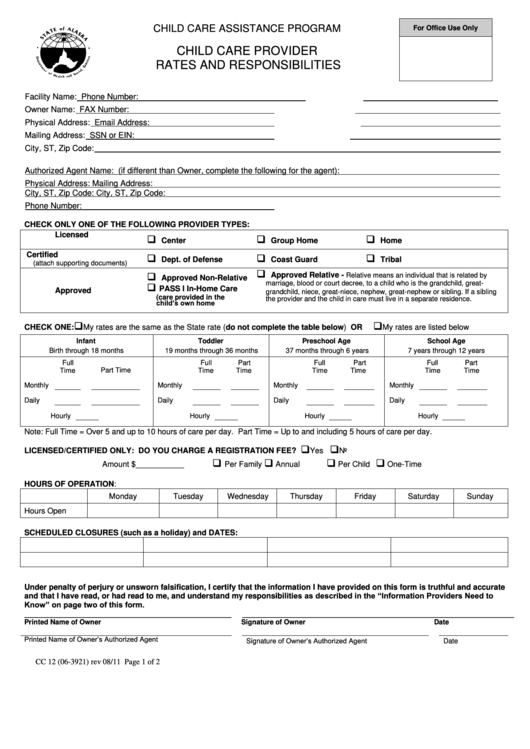 Form Cc 12 - Child Care Assistance Program - Child Care Provider Rates And Responsibilities Form Printable pdf