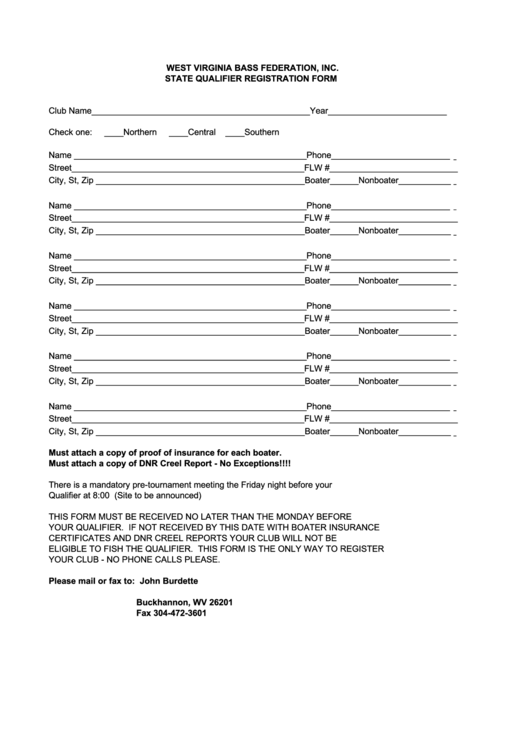 West Virginia Bass Federation, Inc. - State Qualifier Registration Form Printable pdf