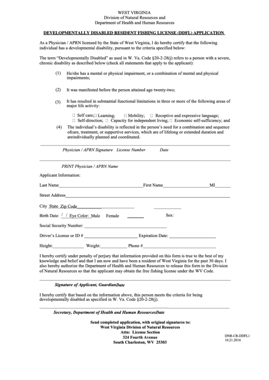Fillable Developmentally Disabled Resident Fishing License Application West Virginia Dnr Printable pdf
