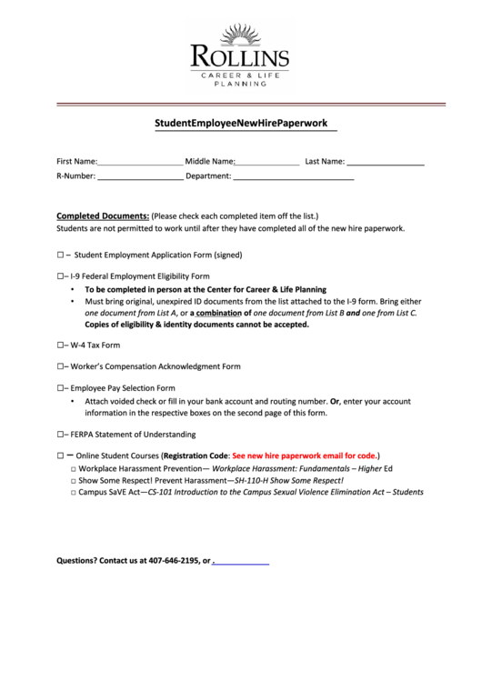 Student Employee New Hire Paperwork Printable pdf