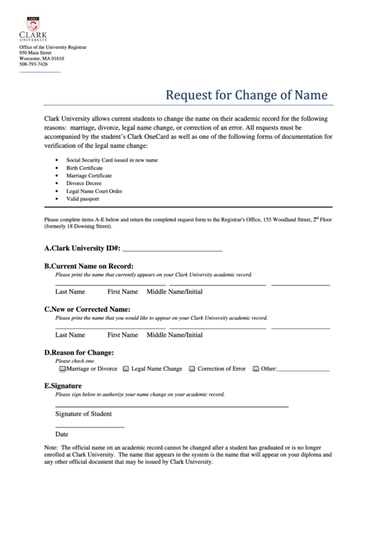 Change Of Name Form - Clark University Printable pdf