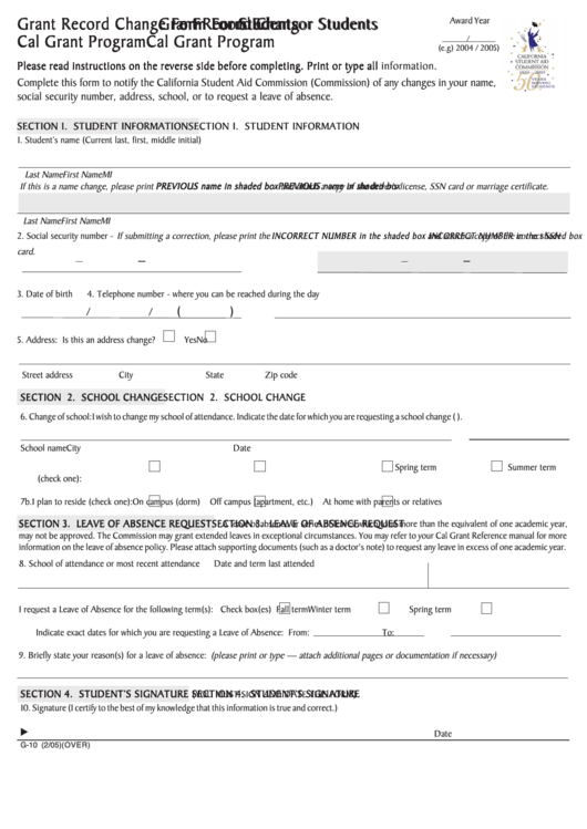 Grant Record Chang Grant Record Change Form For Students Or Students Cal Grant Program Printable pdf