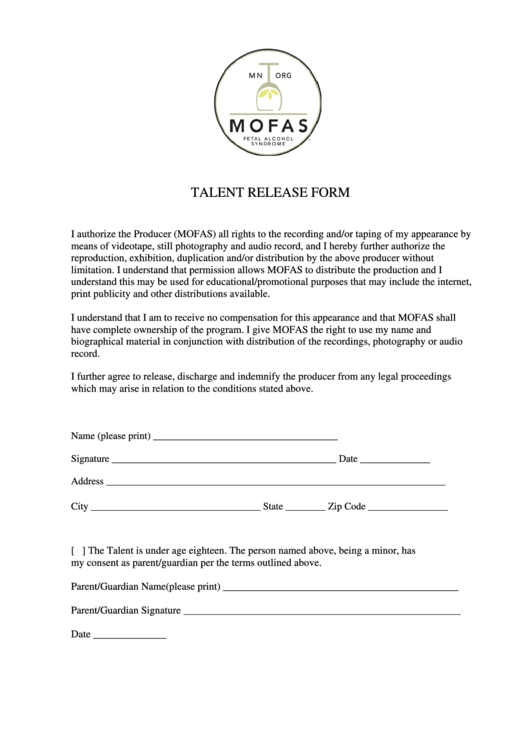Talent Release Form Printable pdf