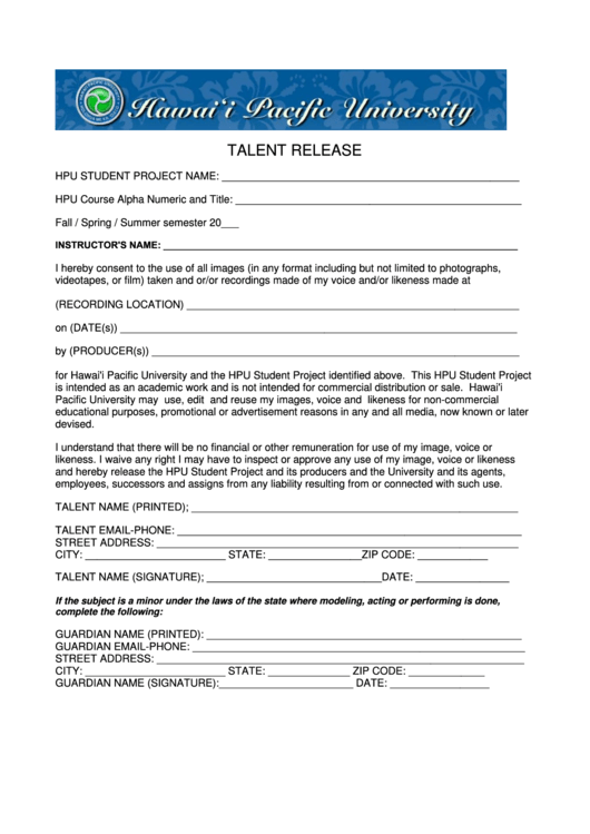 Talent Release Form - Hawaii Pacific University Printable pdf